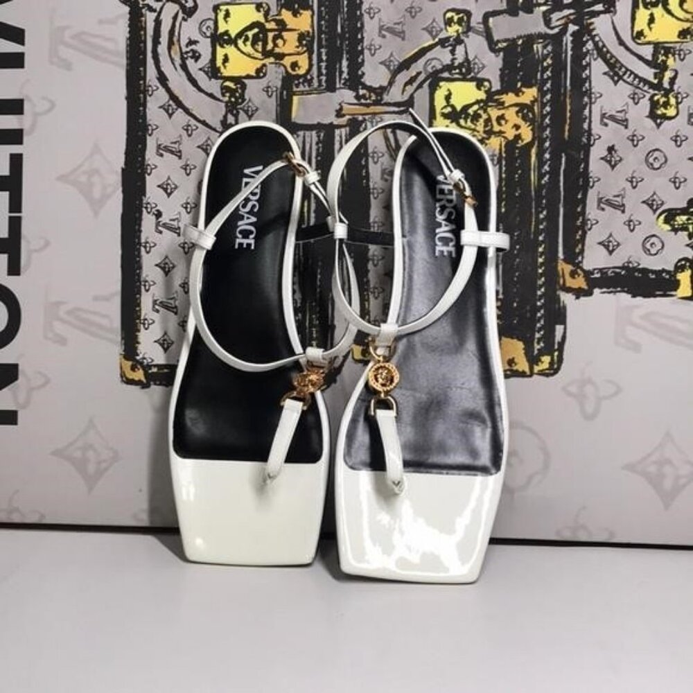 New Authentic Versace Designer Square-Toe Patent Leather T-Strap Sandals